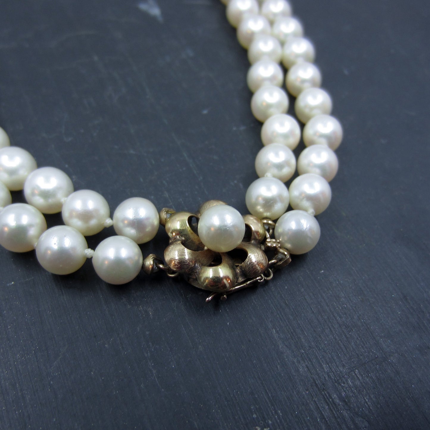 Mid-Century Double Strand Pearl Necklace 14k c. 1960