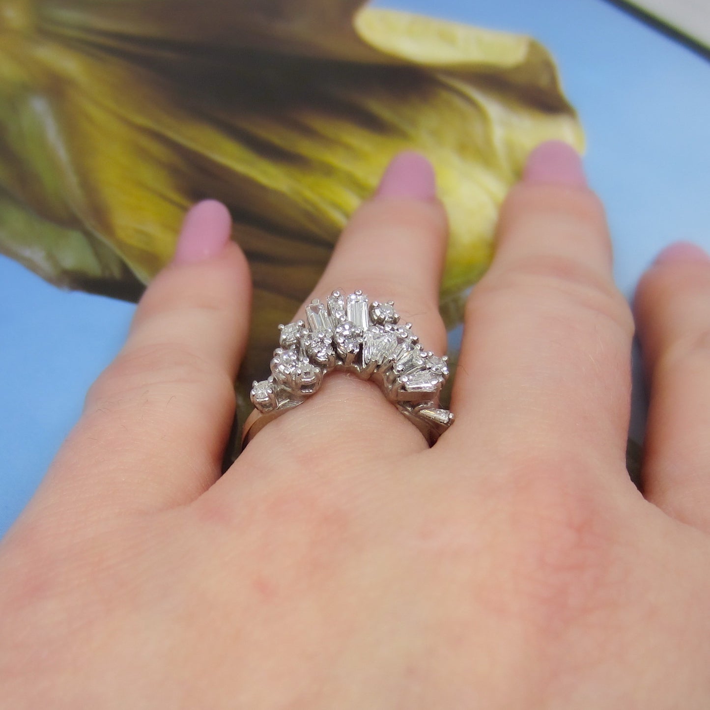 Vintage Baguette and Round Diamond Tiara Ring 14k c. 1960