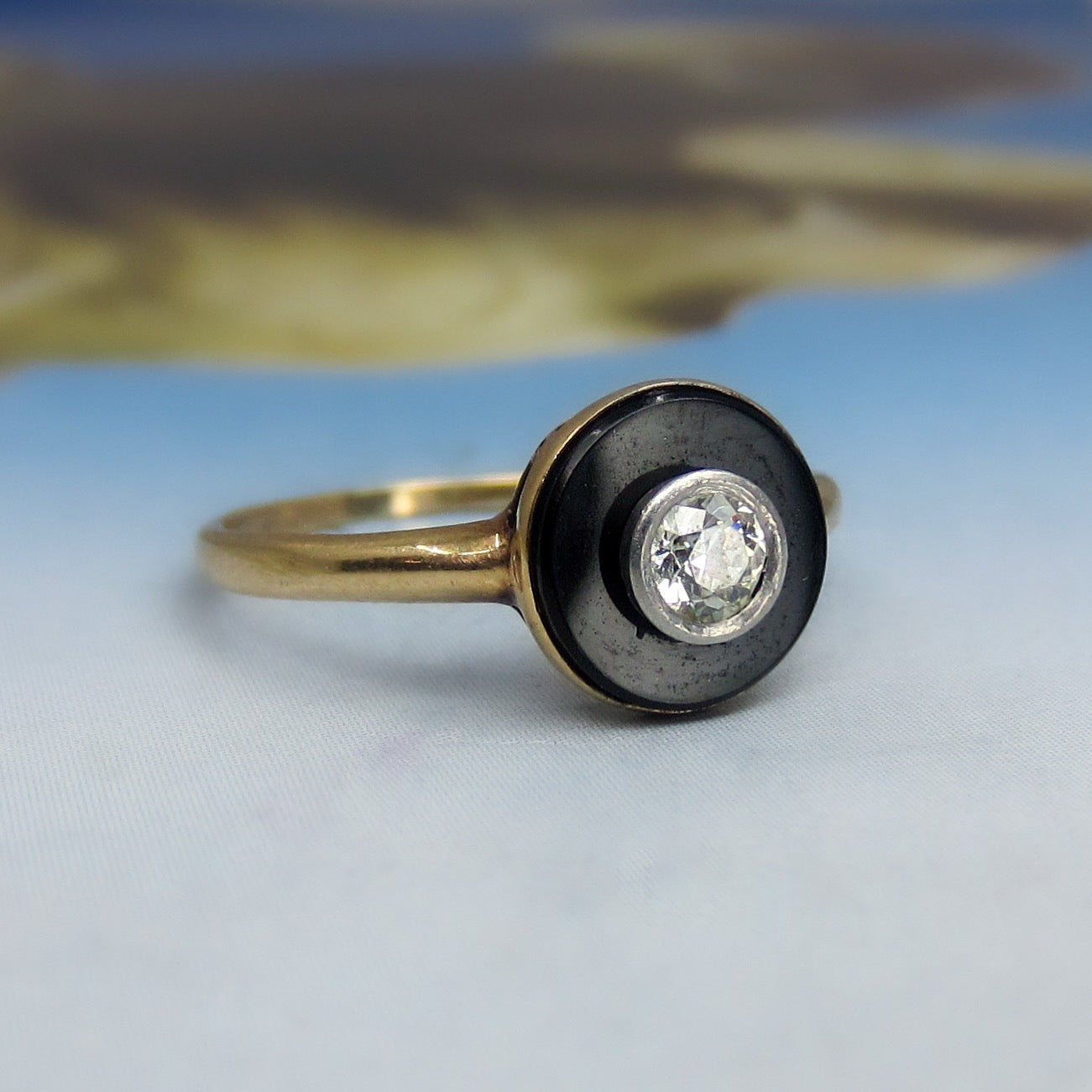 Art Deco Old European Diamond and Onyx Ring 14k c. 1920