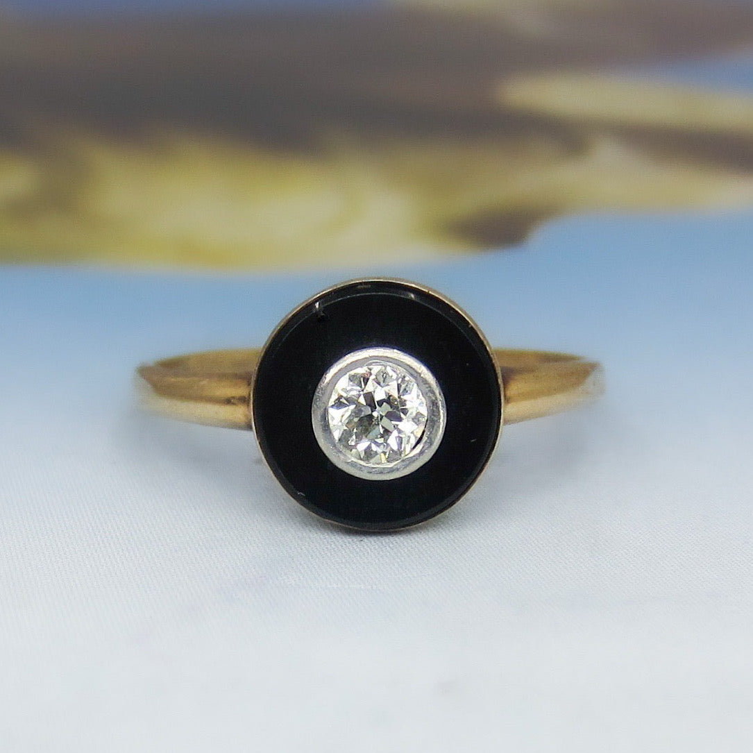 Art Deco Old European Diamond and Onyx Ring 14k c. 1920