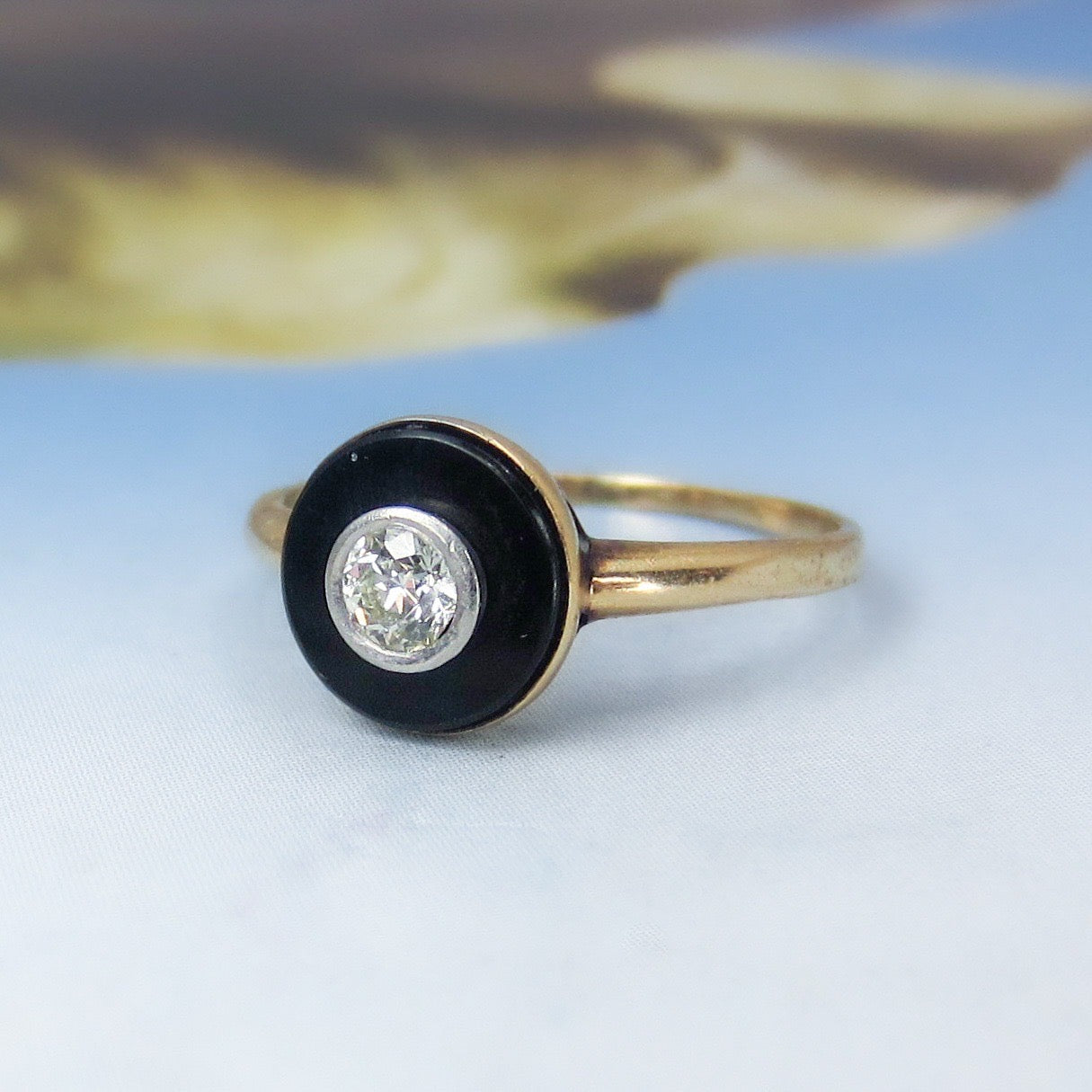 Art Deco Old European Diamond and Onyx Ring 14k c. 1920