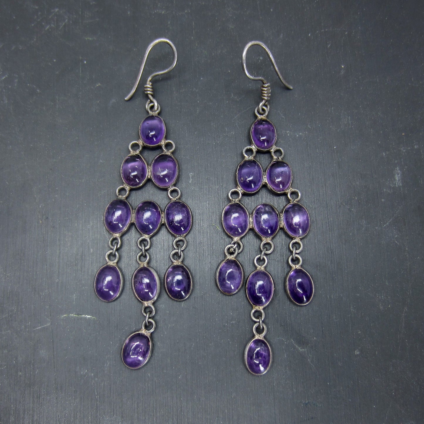 SOLD--Vintage Long Bezel Set Amethyst Chandelier Earrings Sterling c. 1970