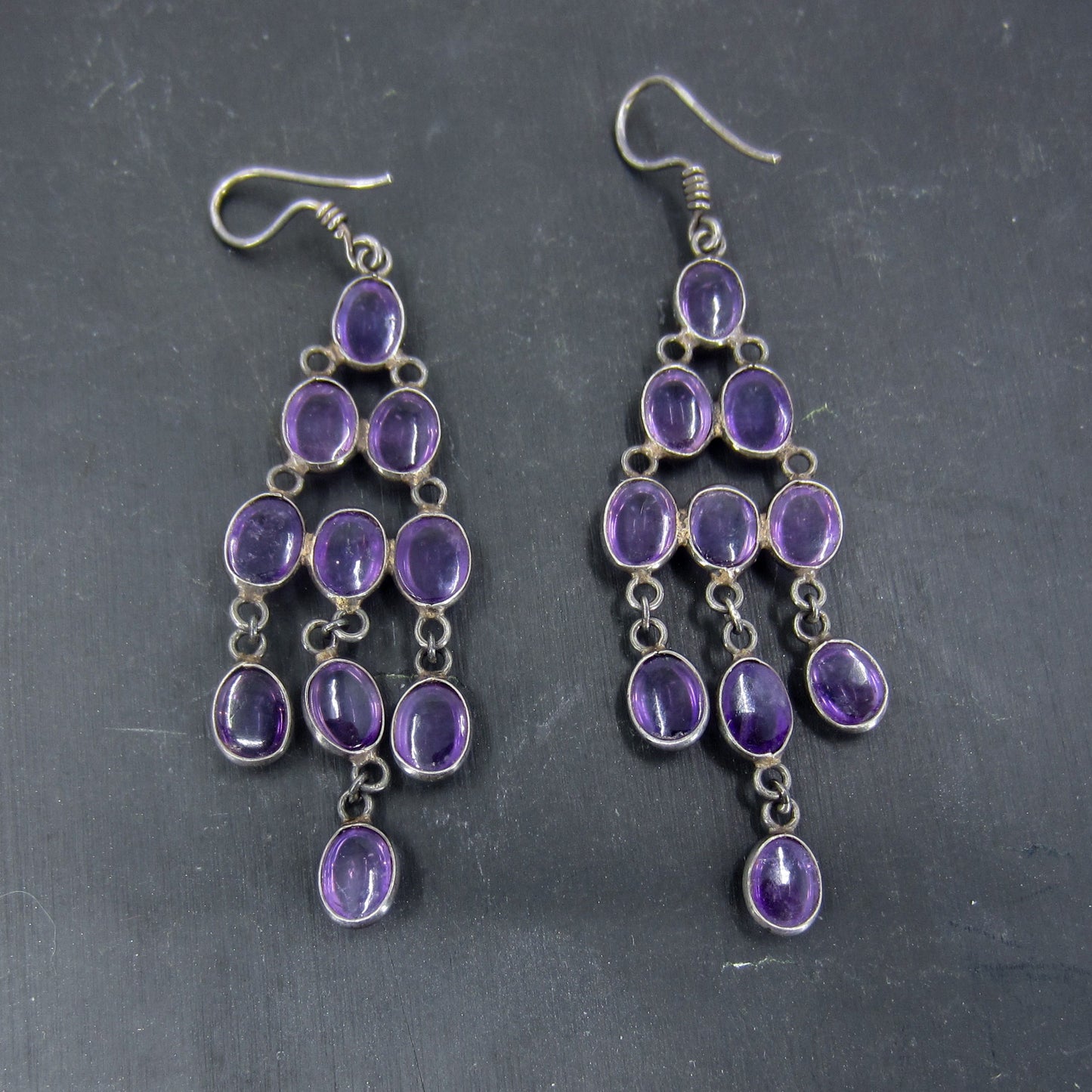 SOLD--Vintage Long Bezel Set Amethyst Chandelier Earrings Sterling c. 1970