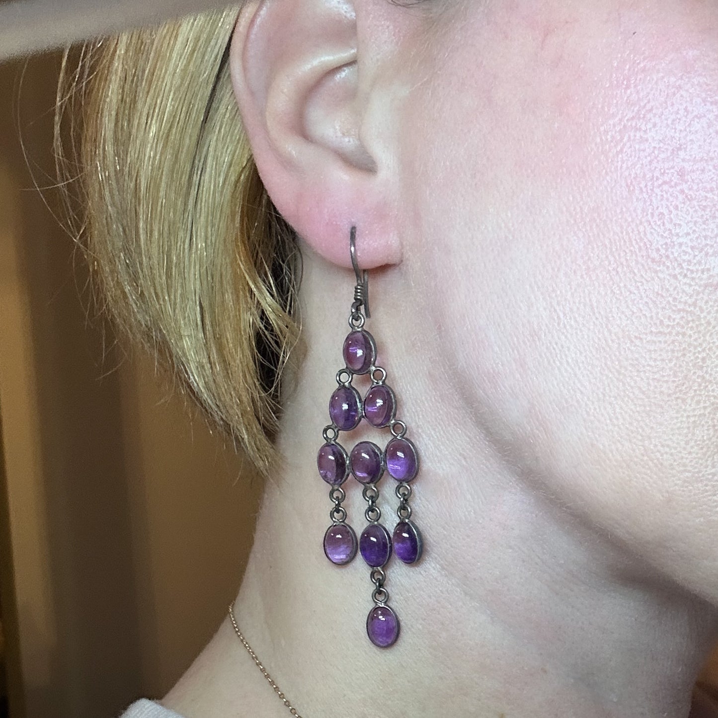 SOLD--Vintage Long Bezel Set Amethyst Chandelier Earrings Sterling c. 1970