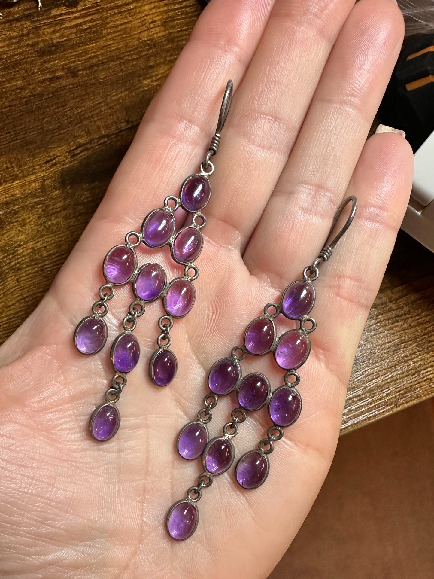 SOLD--Vintage Long Bezel Set Amethyst Chandelier Earrings Sterling c. 1970