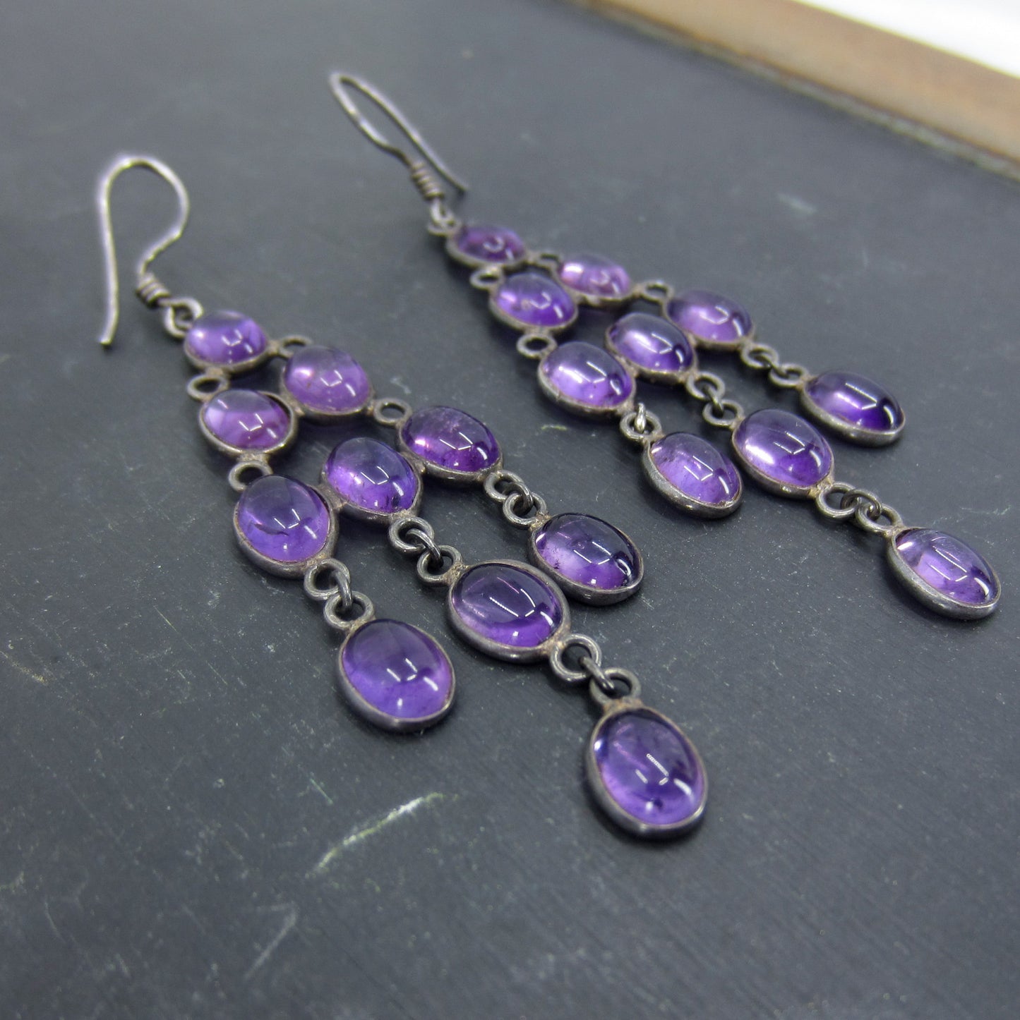 SOLD--Vintage Long Bezel Set Amethyst Chandelier Earrings Sterling c. 1970