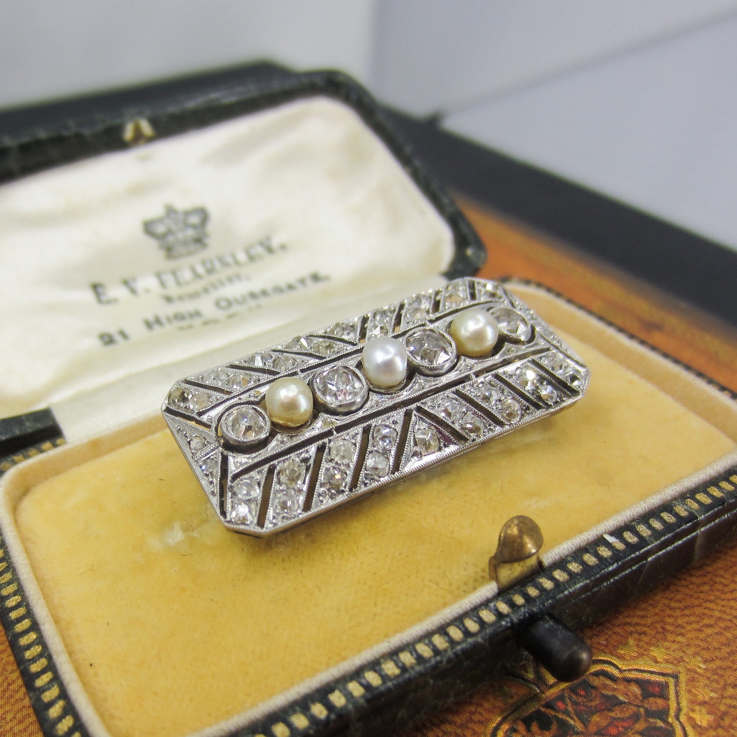 Gorgeous Edwardian Diamond and Pearl Brooch Platinum in Original Box c. 1910