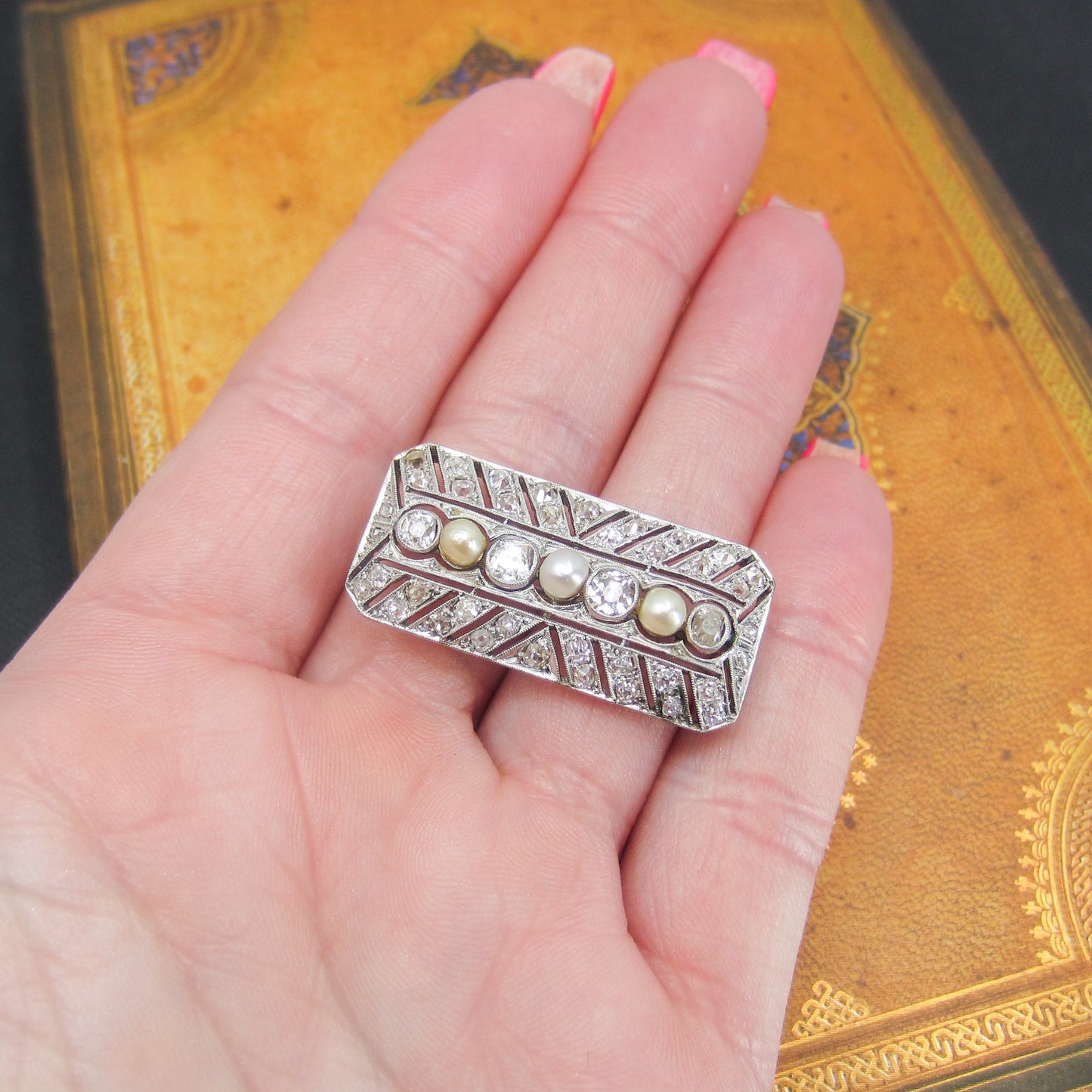 Gorgeous Edwardian Diamond and Pearl Brooch Platinum in Original Box c. 1910