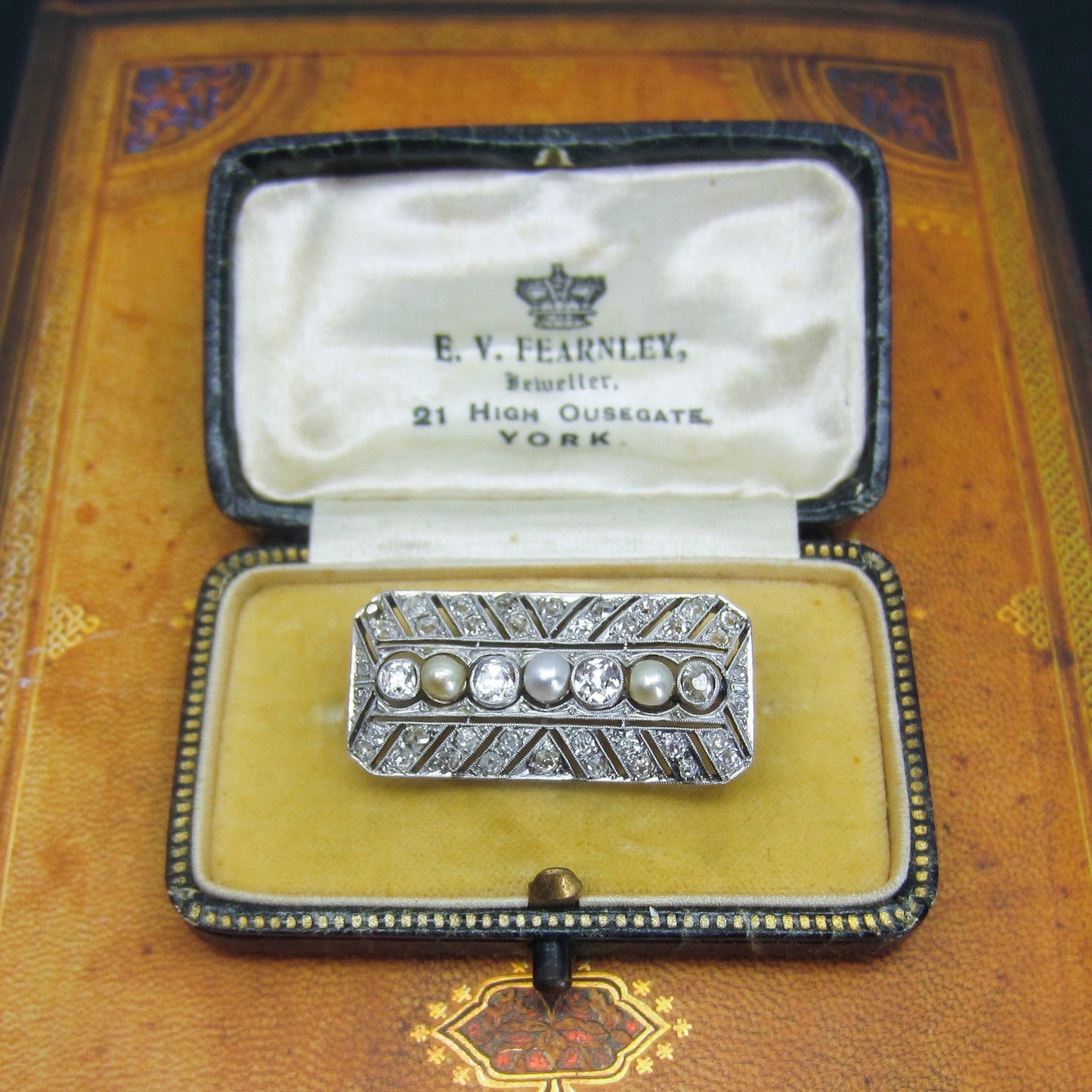 Gorgeous Edwardian Diamond and Pearl Brooch Platinum in Original Box c. 1910