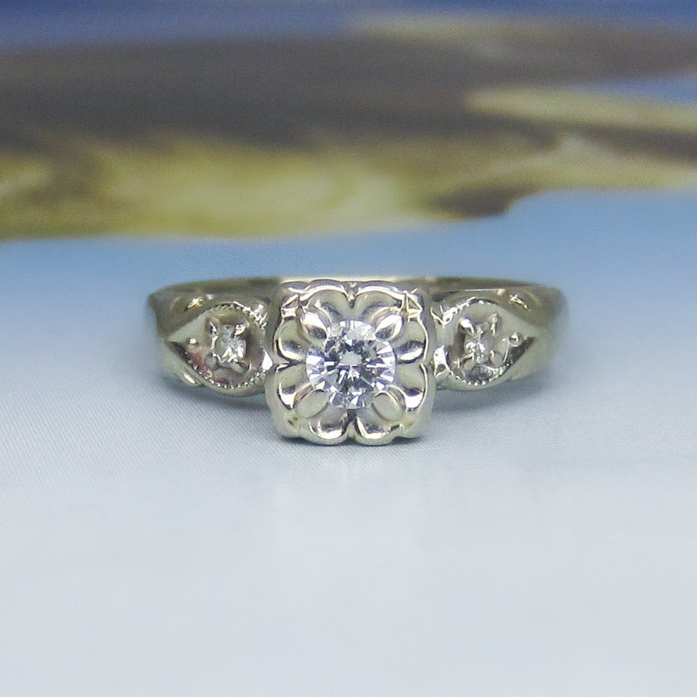 SOLD-Art Deco Round Brilliant Diamond .15ct Engagement Ring 14k c. 1940