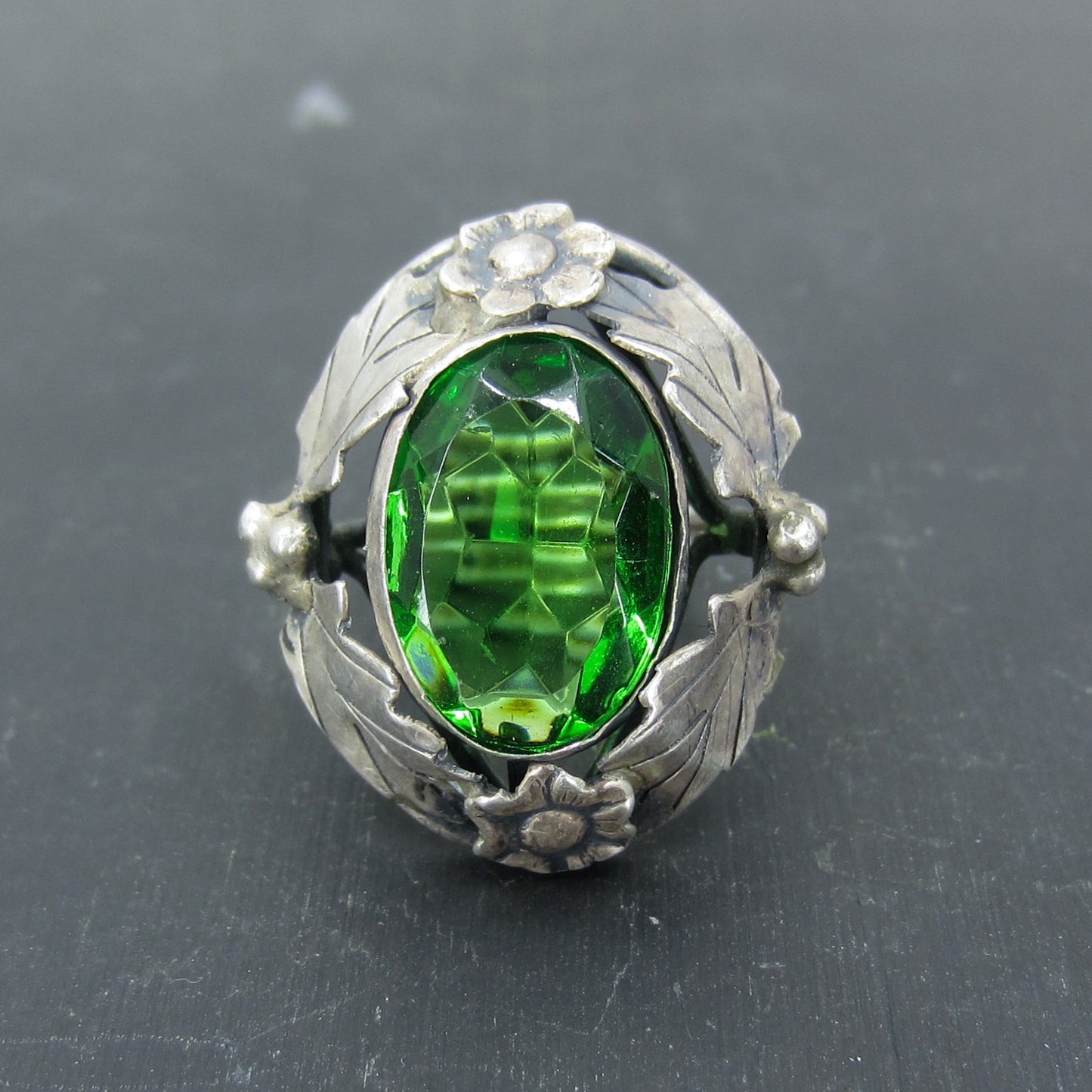 Arts & Crafts Green Glass Ring Sterling c. 1920