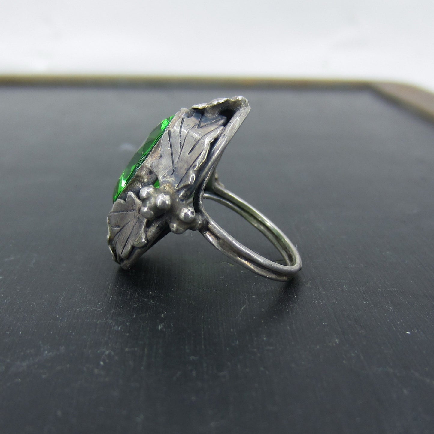 Arts & Crafts Green Glass Ring Sterling c. 1920