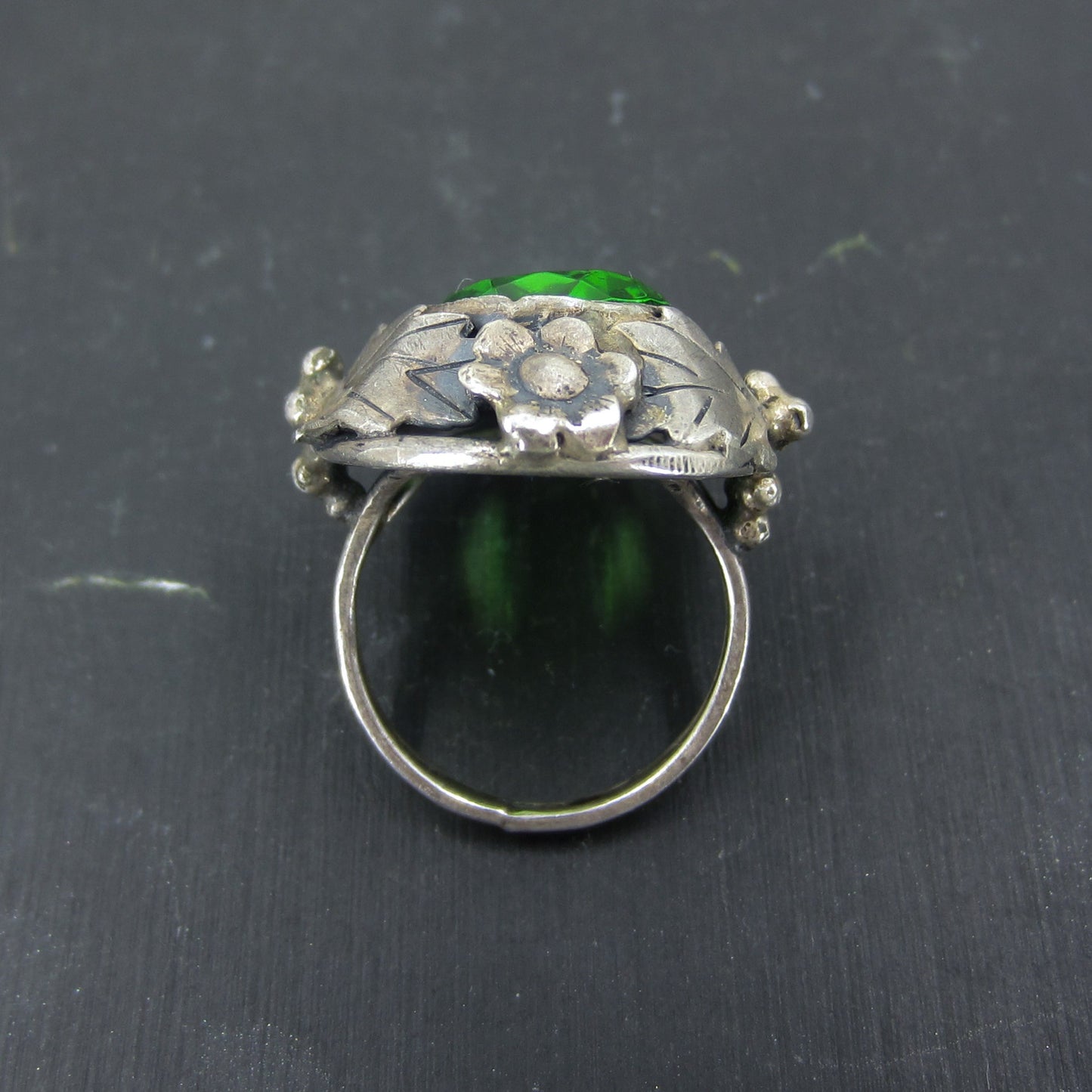 Arts & Crafts Green Glass Ring Sterling c. 1920