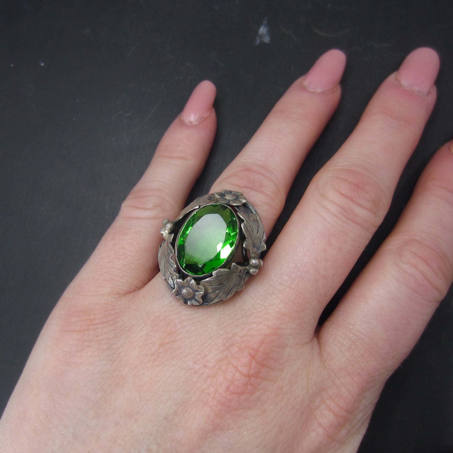 Arts & Crafts Green Glass Ring Sterling c. 1920