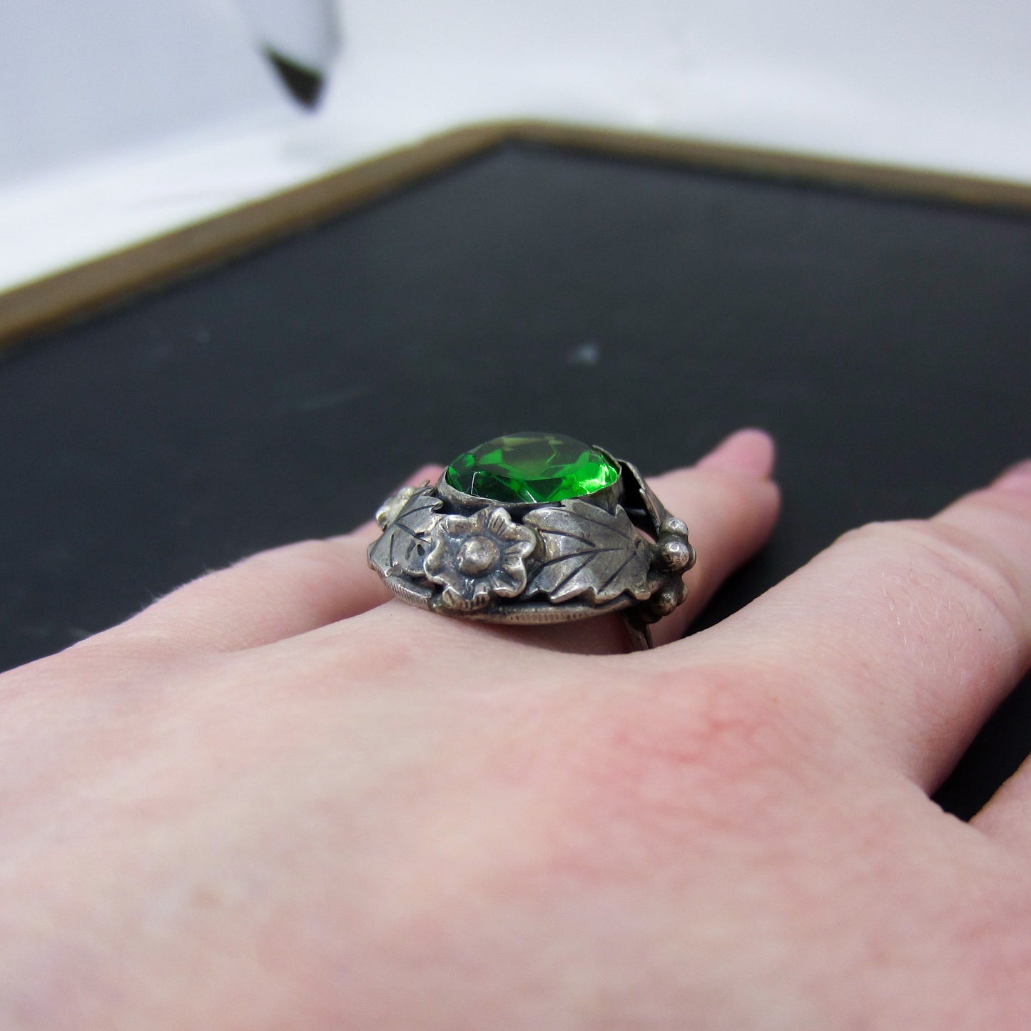 Arts & Crafts Green Glass Ring Sterling c. 1920