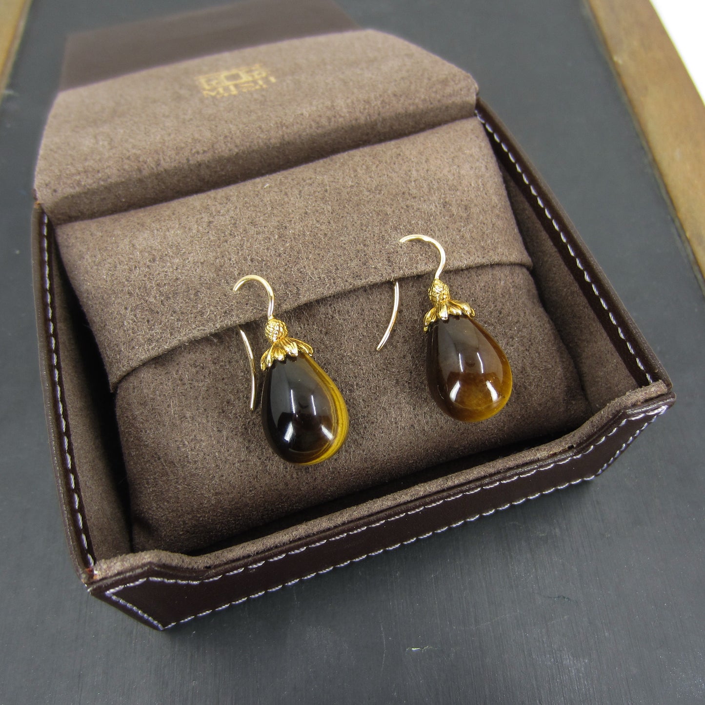 Estate Mish NY Tiger’s Eye Drop Earrings 18k