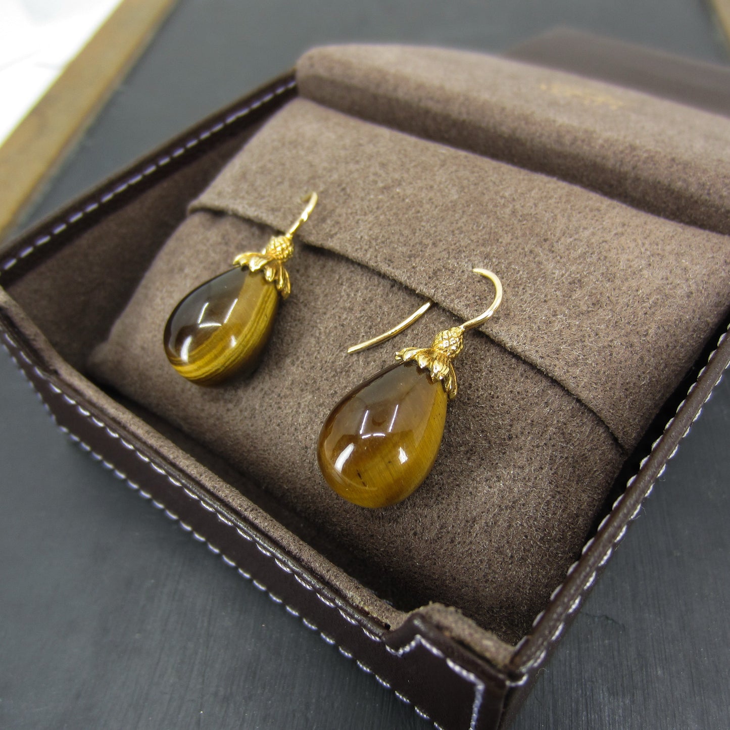 Estate Mish NY Tiger’s Eye Drop Earrings 18k