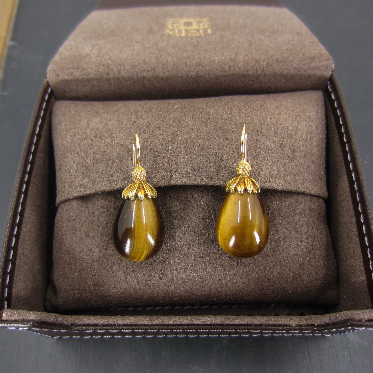 Estate Mish NY Tiger’s Eye Drop Earrings 18k