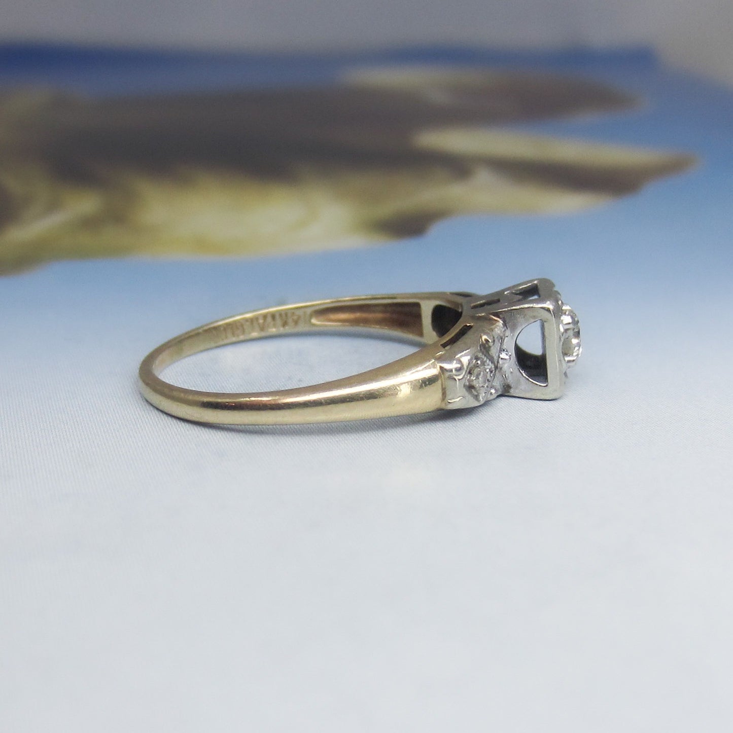 Retro Round Brilliant Cut .12ct Diamond Engagement Ring 14k c. 1940