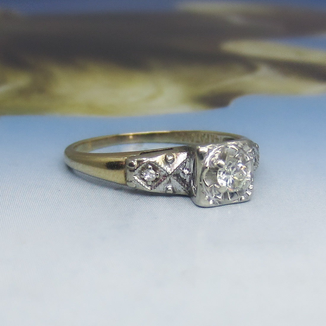 Retro Round Brilliant Cut .12ct Diamond Engagement Ring 14k c. 1940