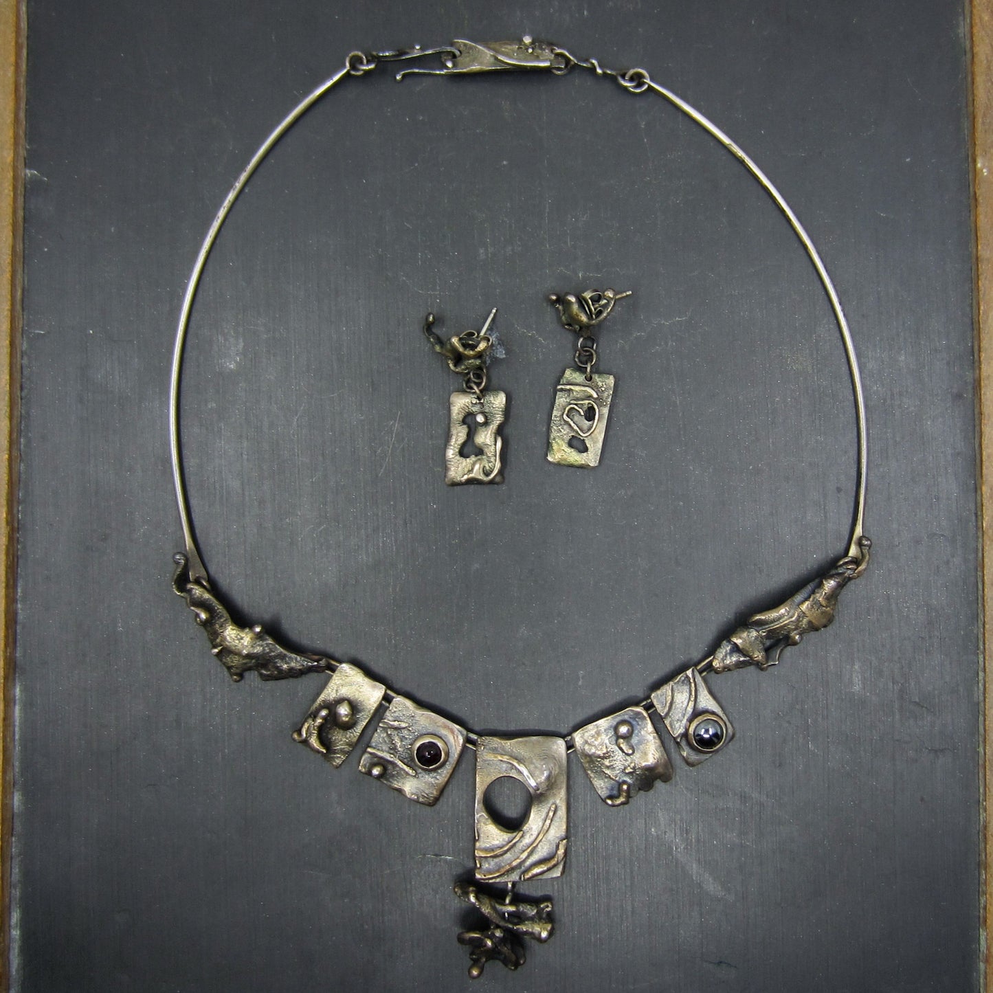 Vintage Brutalist Necklace and Earrings Sterling Silver c. 1970