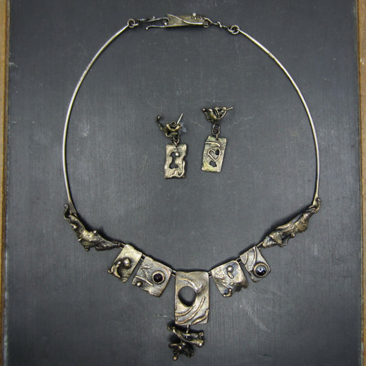 Vintage Brutalist Necklace and Earrings Sterling Silver c. 1970