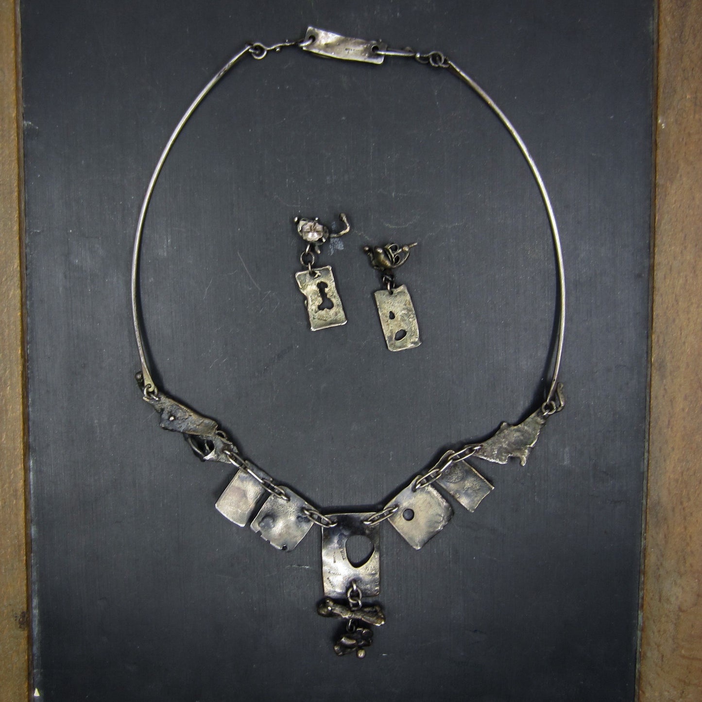 Vintage Brutalist Necklace and Earrings Sterling Silver c. 1970