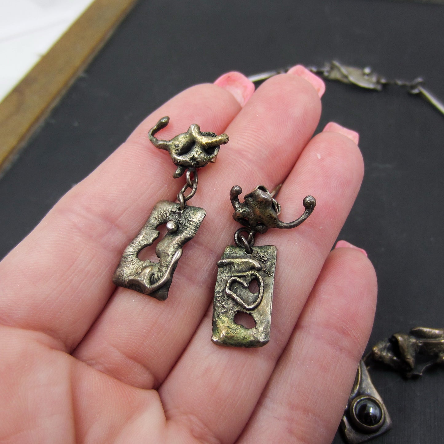 Vintage Brutalist Necklace and Earrings Sterling Silver c. 1970