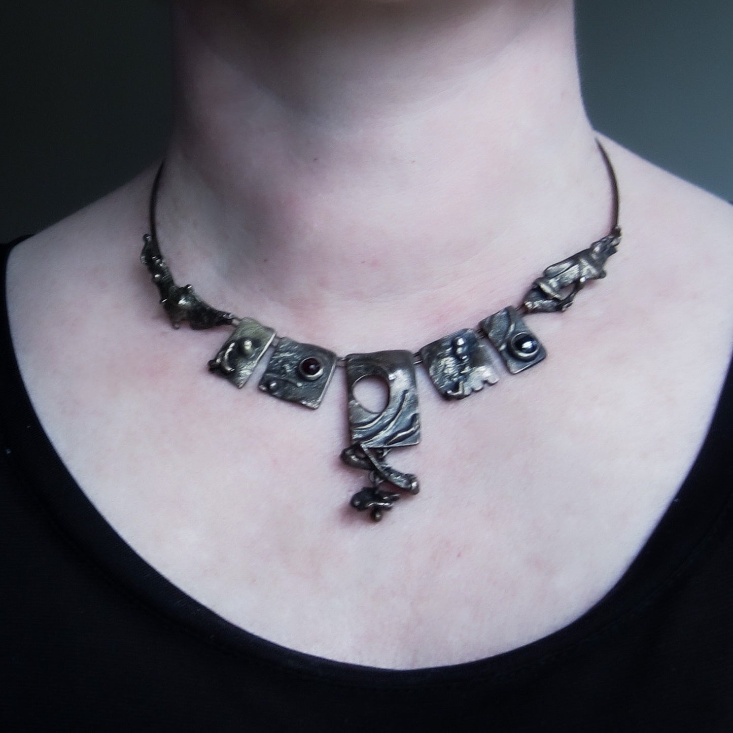 Vintage Brutalist Necklace and Earrings Sterling Silver c. 1970