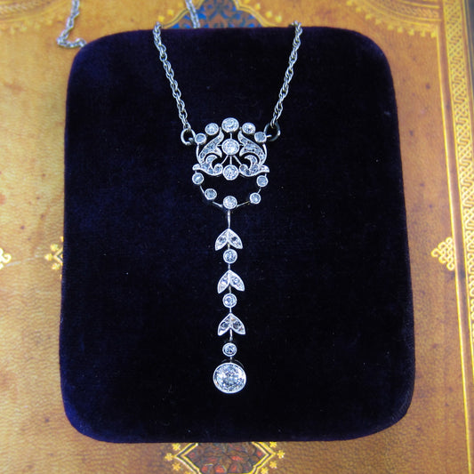 Edwardian Diamond Drop Necklace Platinum/18k c. 1915