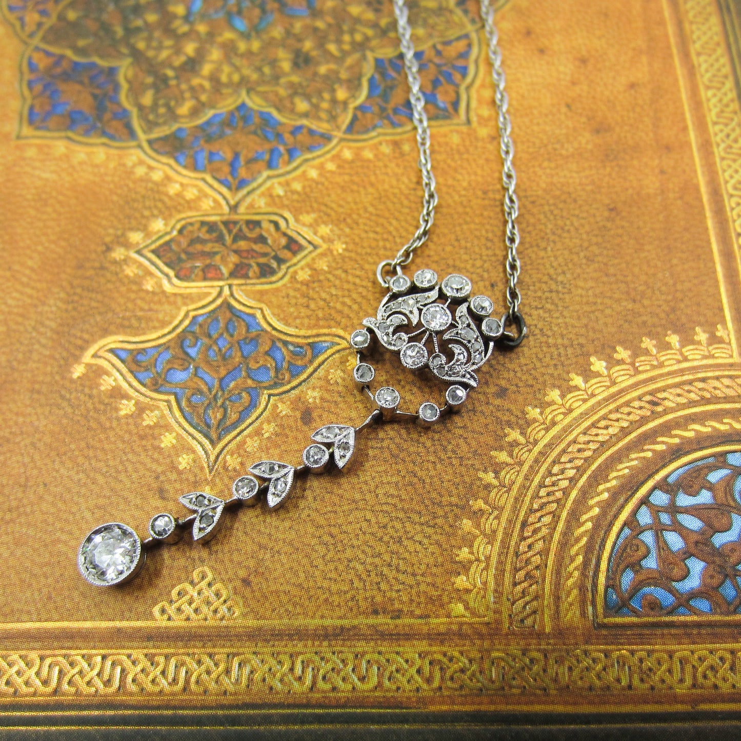 Edwardian Diamond Drop Necklace Platinum/18k c. 1915