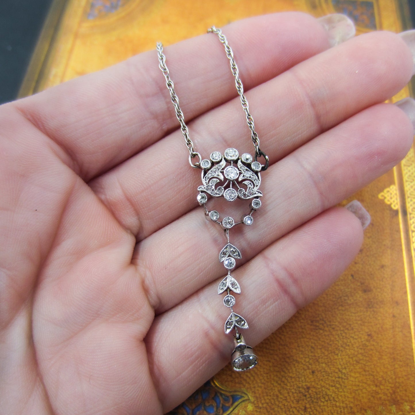 Edwardian Diamond Drop Necklace Platinum/18k c. 1915