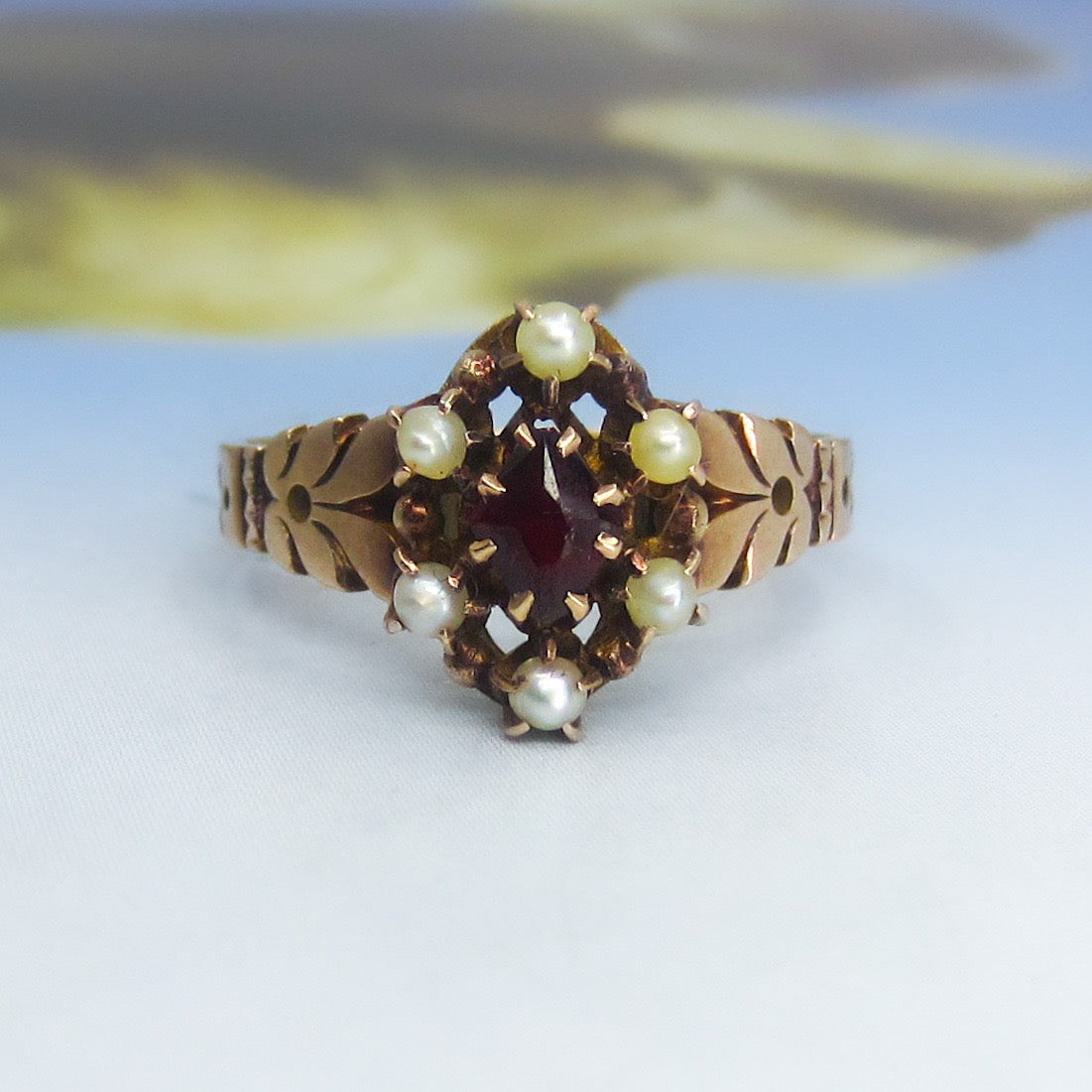 Victorian Garnet and Pearl Ring 14k c. 1889