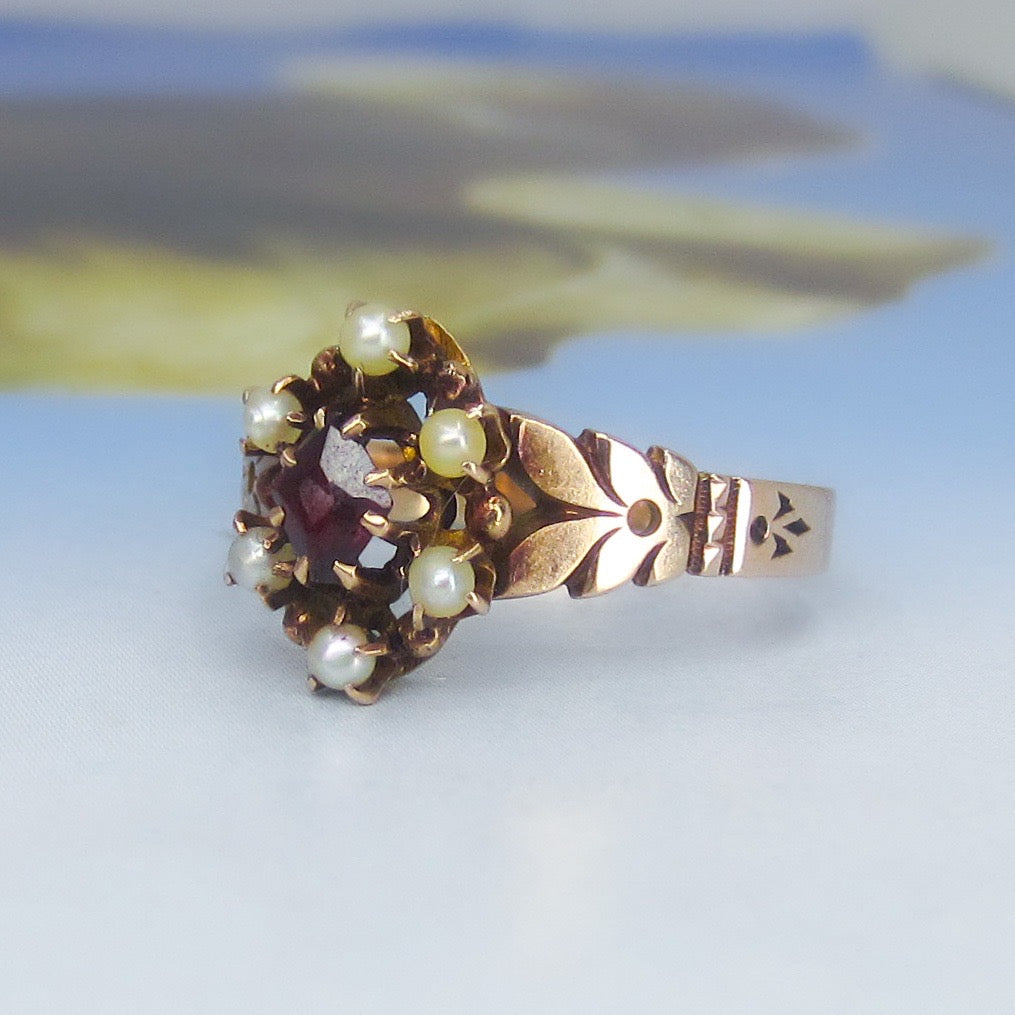 Victorian Garnet and Pearl Ring 14k c. 1889