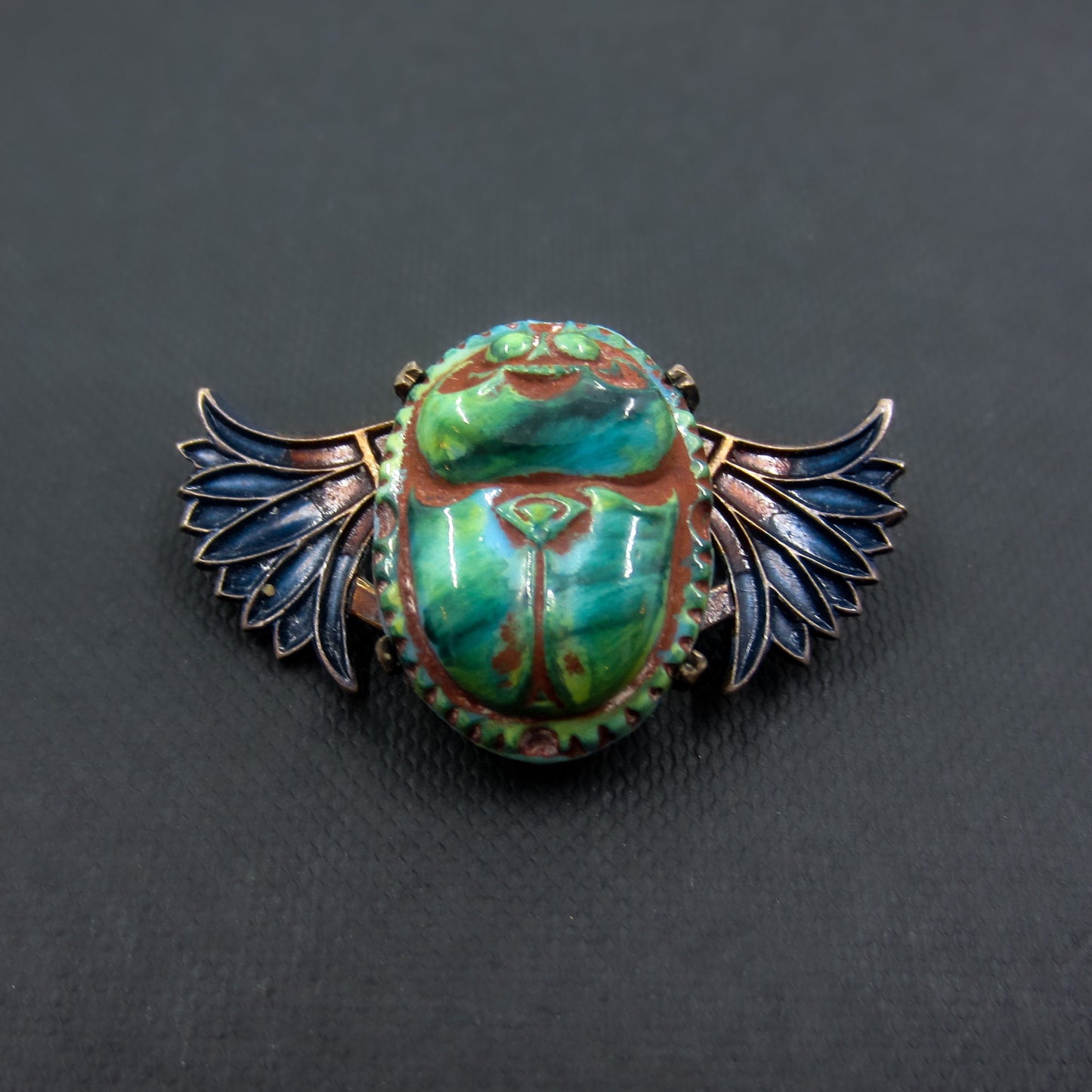 SOLD--Egyptian Revival Enamel and Faïence Winged Scarab Brooch Brass c. 1900