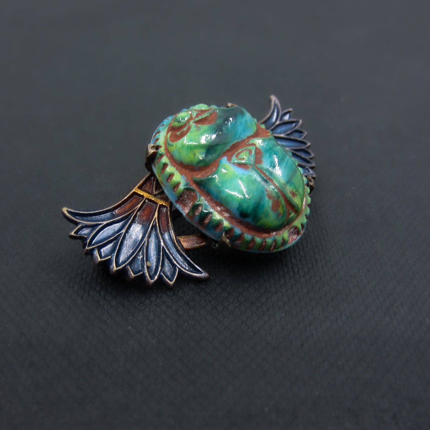 Egyptian Revival Enamel and Faïence Winged Scarab Brooch Brass c. 1900