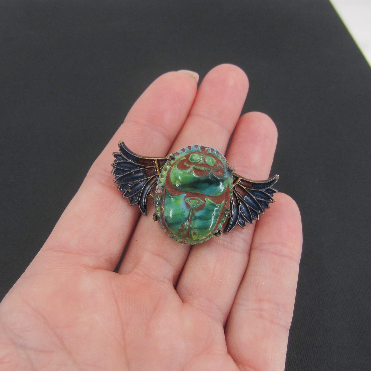 SOLD--Egyptian Revival Enamel and Faïence Winged Scarab Brooch Brass c. 1900