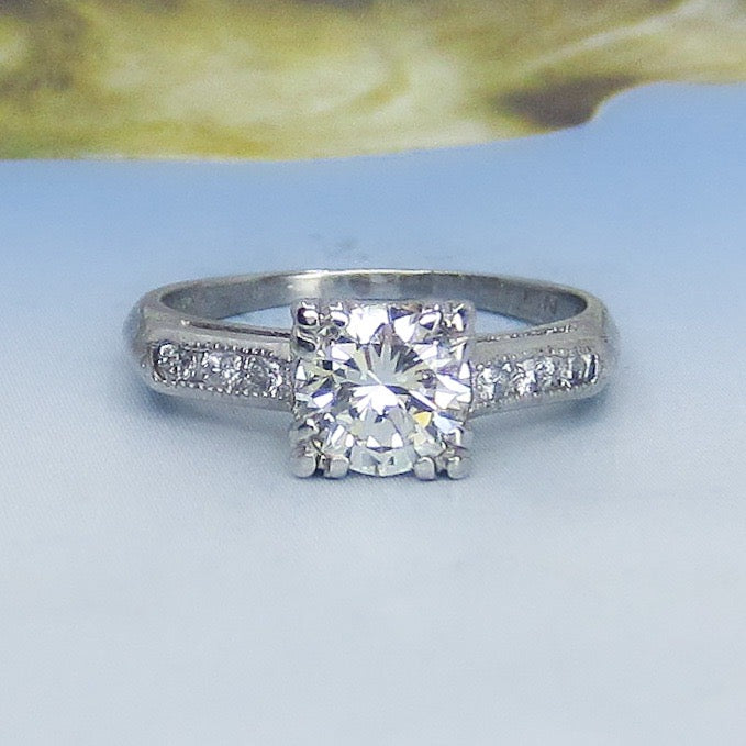 Retro Round Brilliant Cut .76ct Diamond Engagement Ring Platinum c. 1940