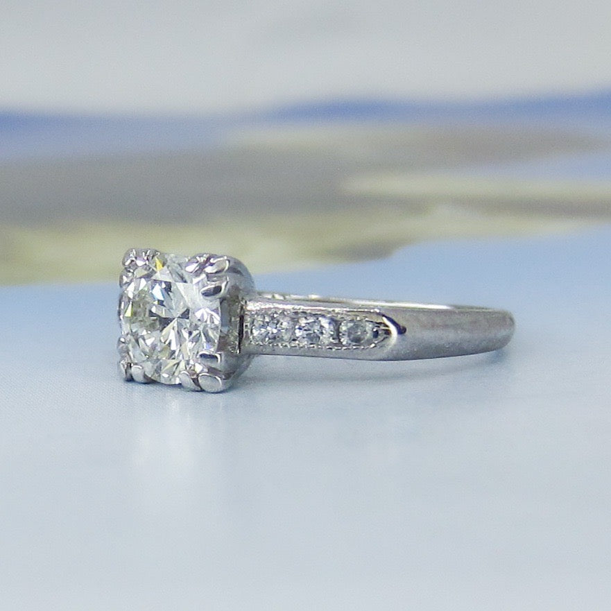 Retro Round Brilliant Cut .76ct Diamond Engagement Ring Platinum c. 1940