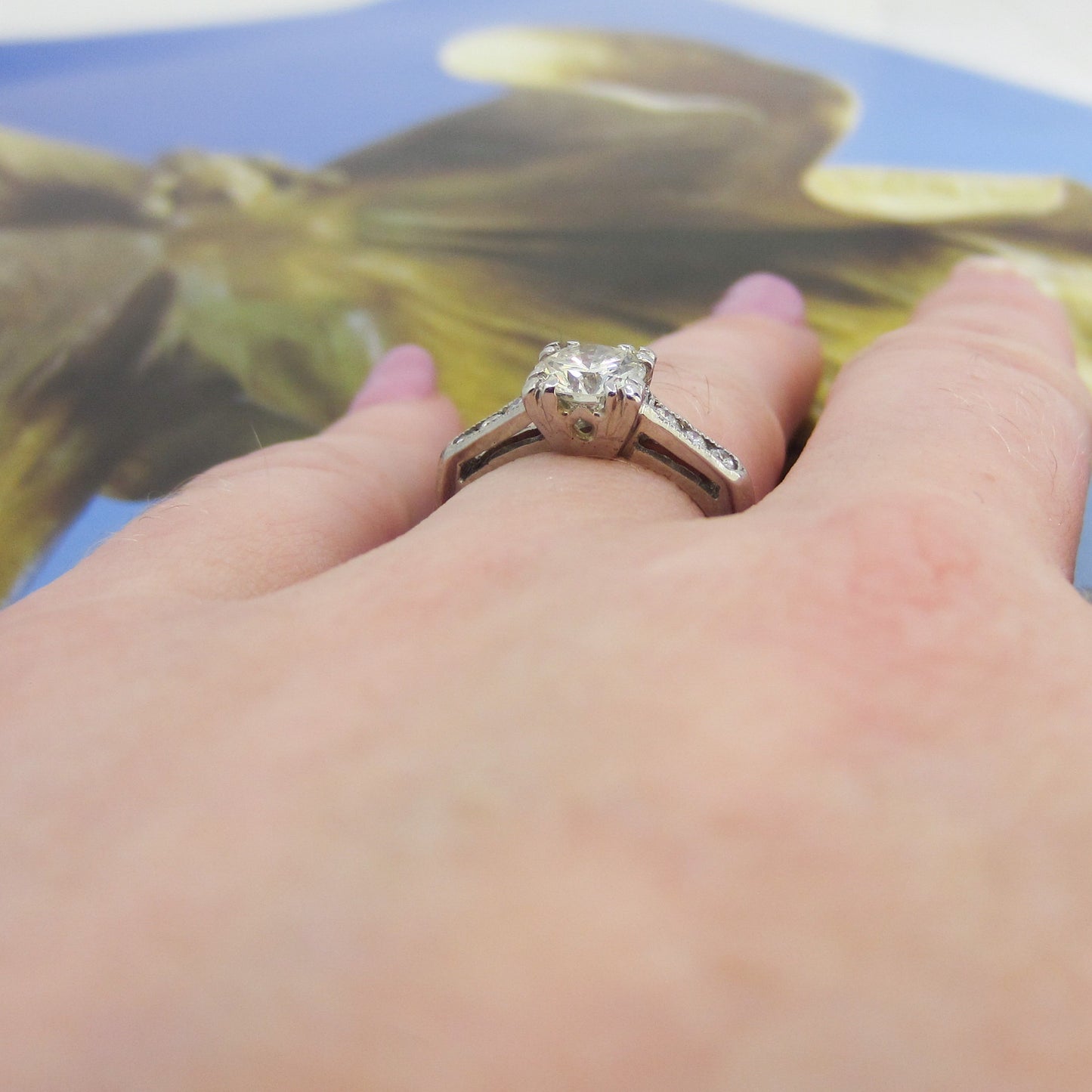 Retro Round Brilliant Cut .76ct Diamond Engagement Ring Platinum c. 1940