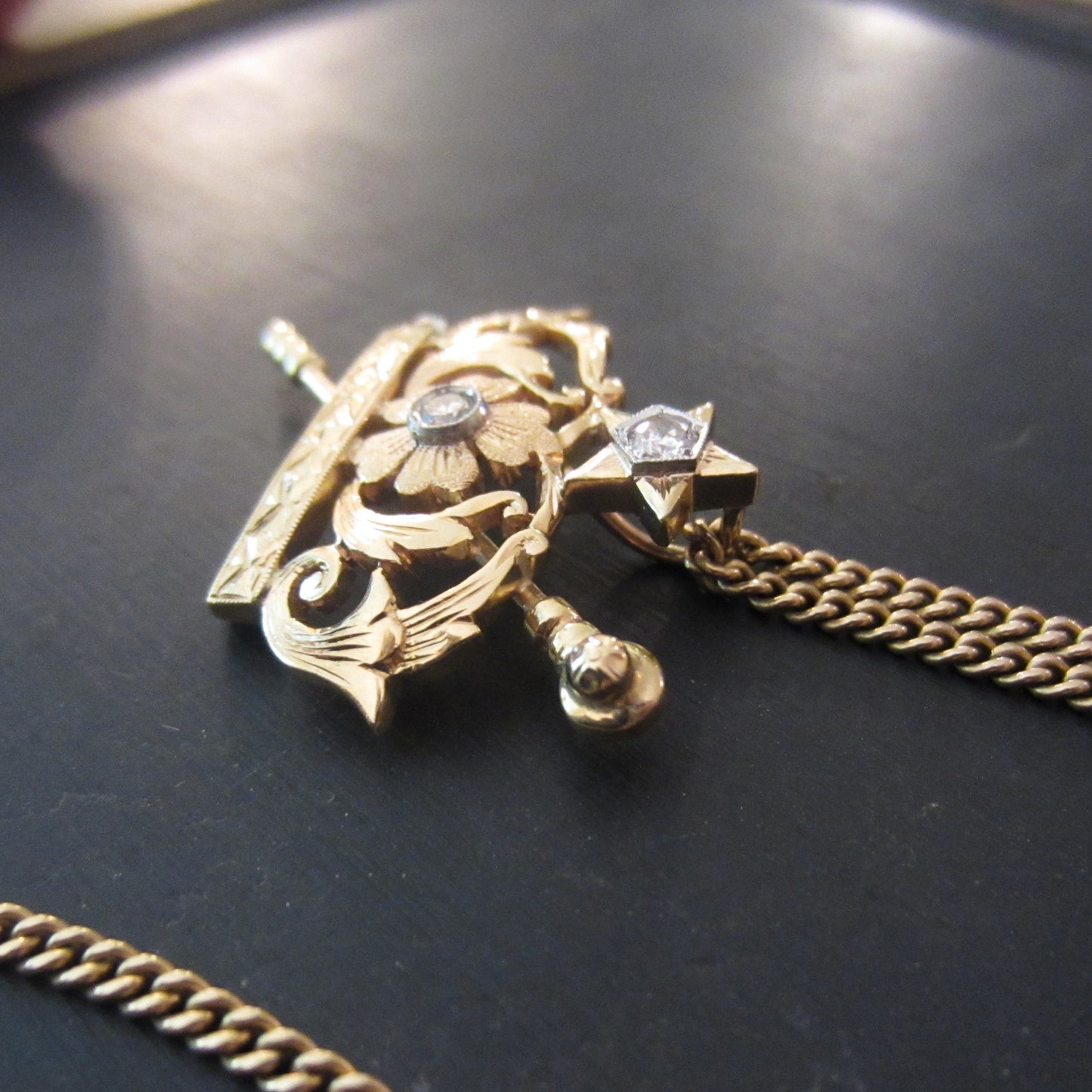 Art Deco Diamond Crown and Scepter Pendant 14k c. 1930