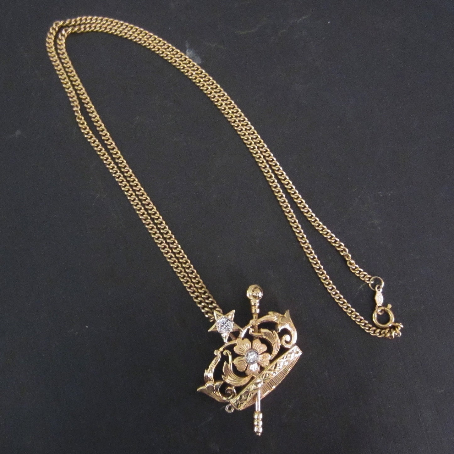 Art Deco Diamond Crown and Scepter Pendant 14k c. 1930