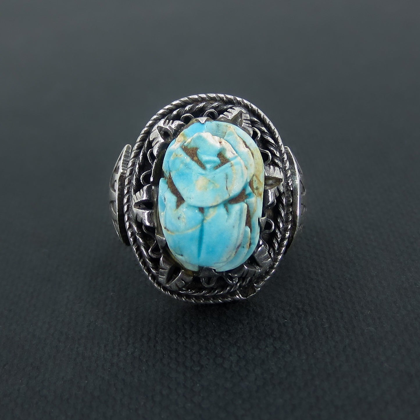 Vintage Faïence Scarab Ring Silver, Egyptian c. 1970