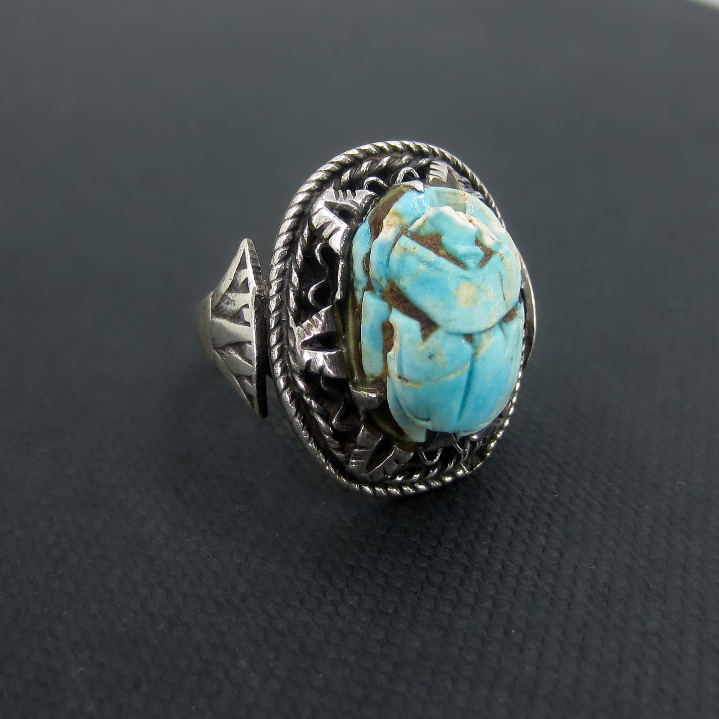 Vintage Faïence Scarab Ring Silver, Egyptian c. 1970