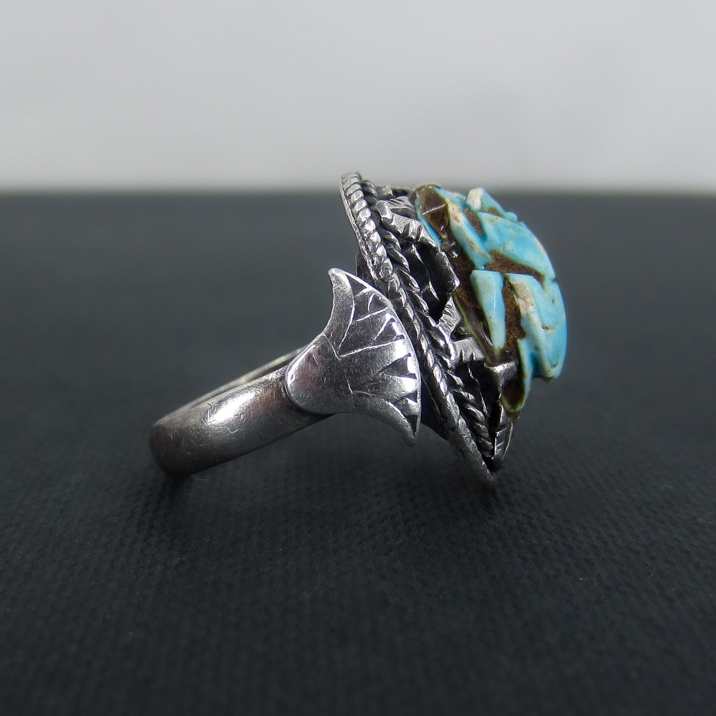 Vintage Faïence Scarab Ring Silver, Egyptian c. 1970