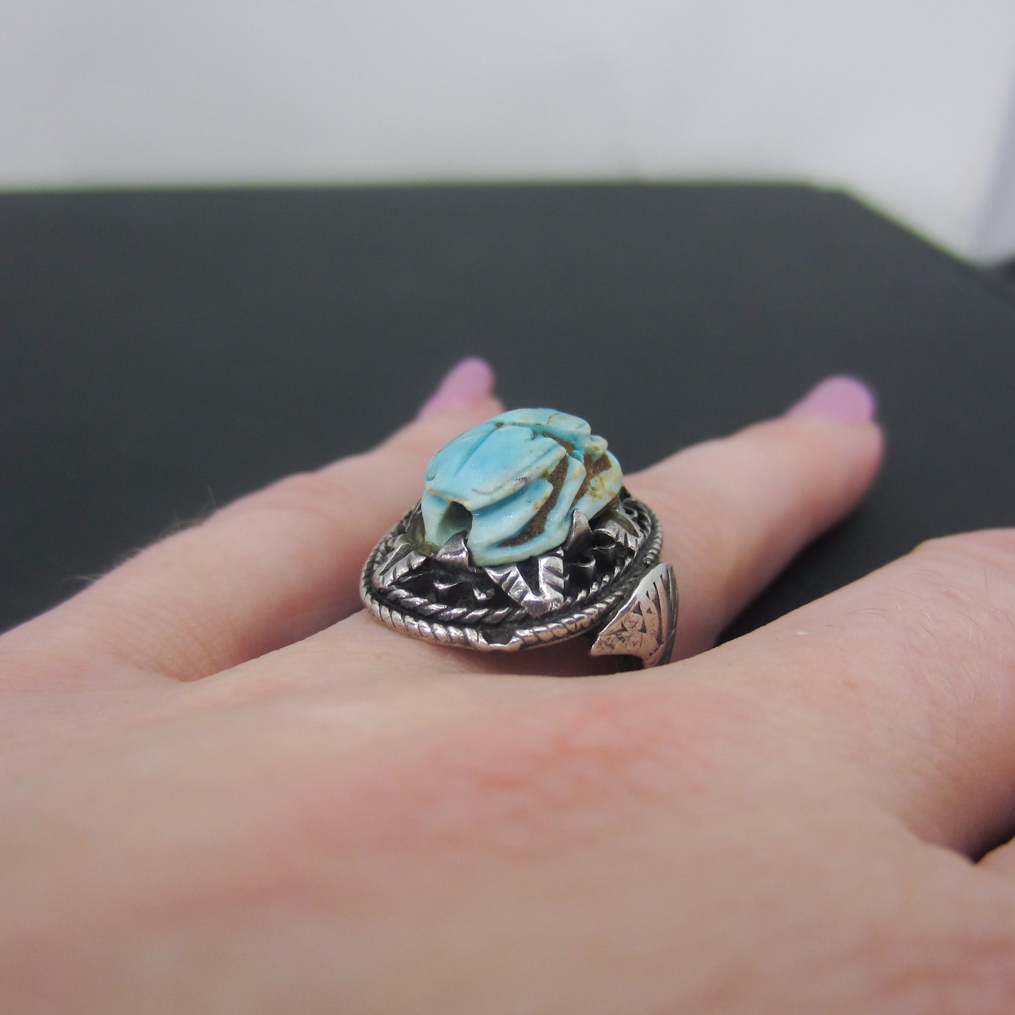 Vintage Faïence Scarab Ring Silver, Egyptian c. 1970