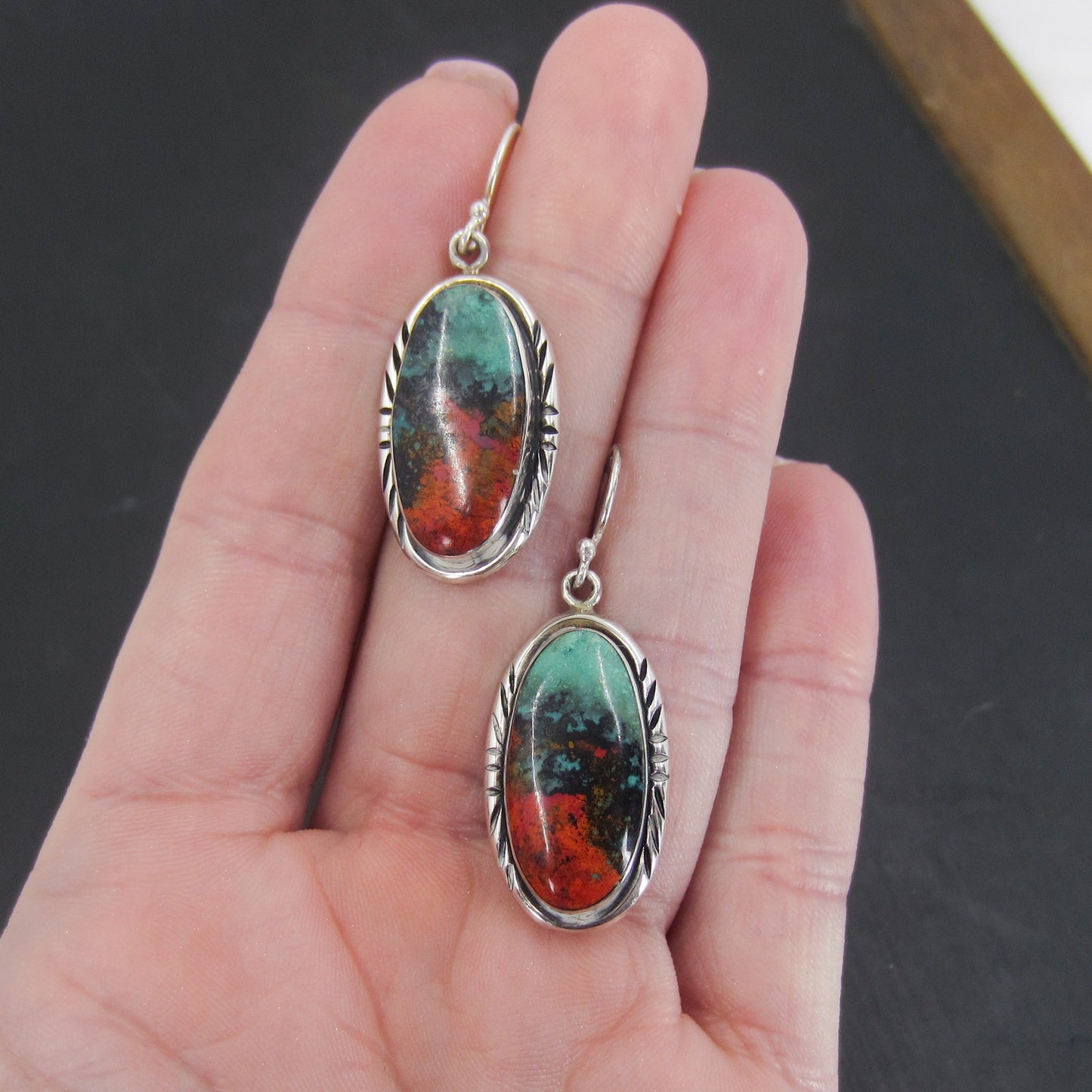 SOLD--Vintage Navajo Turquoise Drop Earrings Sterling, James Shay c. 1980