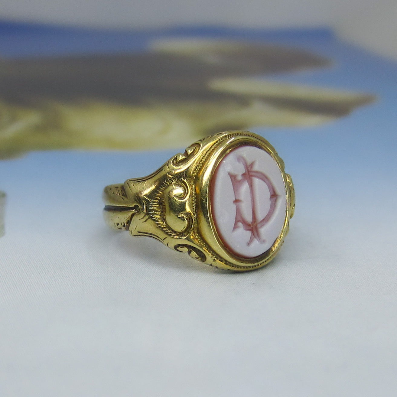 Victorian Hardstone Intaglio Signet Pinky Ring 15k c. 1887