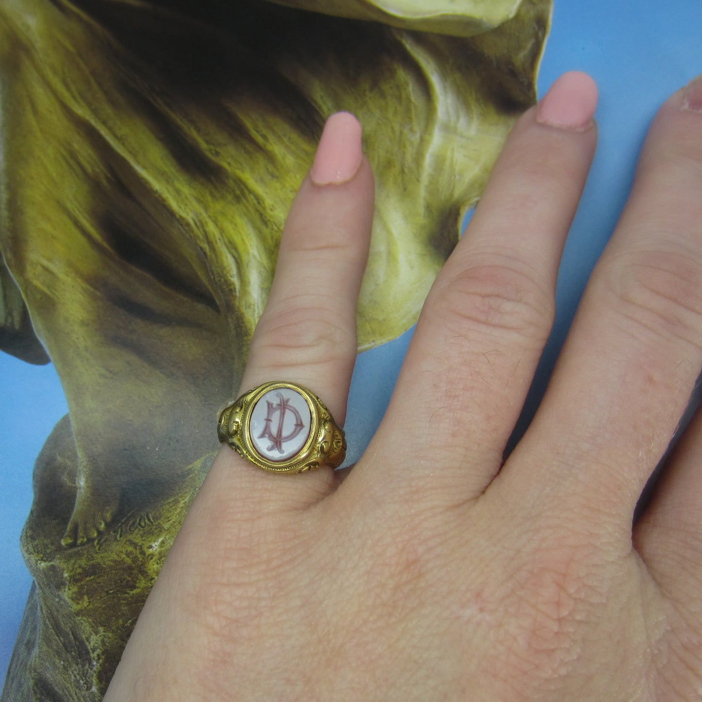 Victorian Hardstone Intaglio Signet Pinky Ring 15k c. 1887