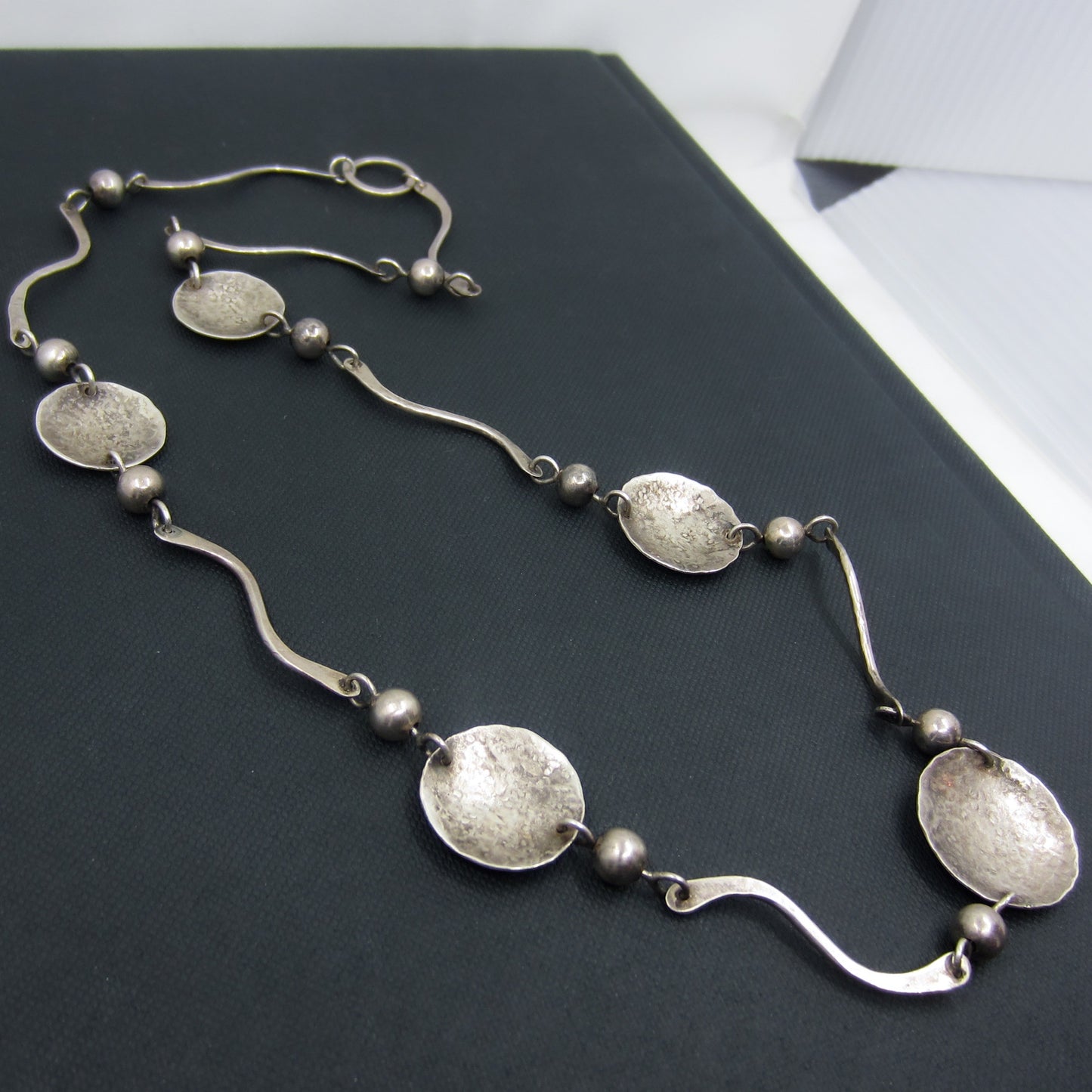 Modernist Hand Hammered Disc Necklace Sterling c. 1960